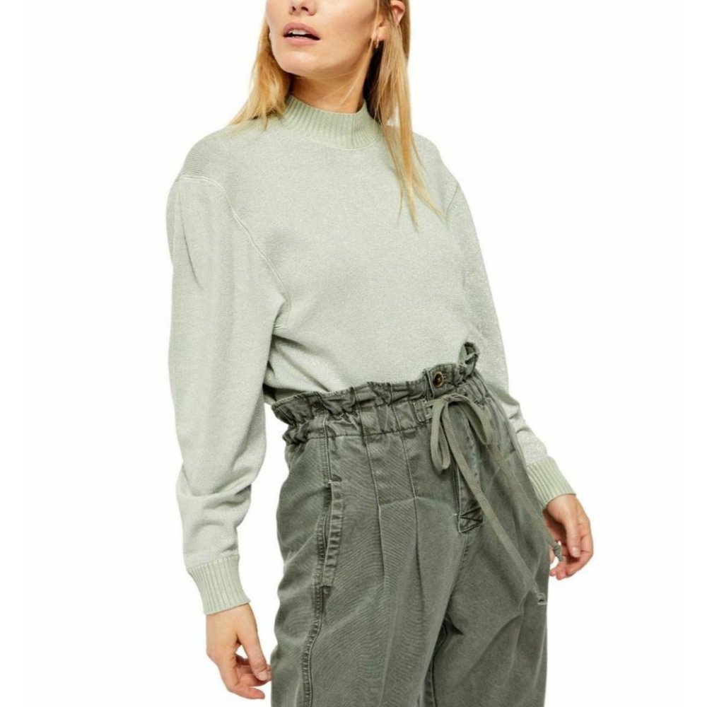 Free People Women's Metallic Glitter Green Mockneck Sweater Medium - Picture 5 of 10